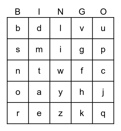 Letters Bingo Card