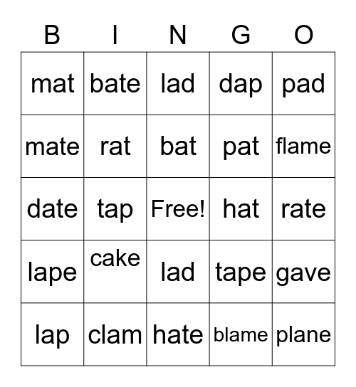 Long a_e and Short a Bingo Card