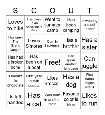 Scout "Get to know you" Bingo Card
