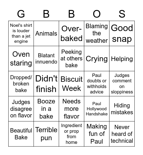 Great British Bake Off Bingo Card
