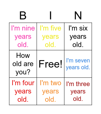 CG3L1 How old are you? 句型 Numbers 1-10(word colors) Bingo Card