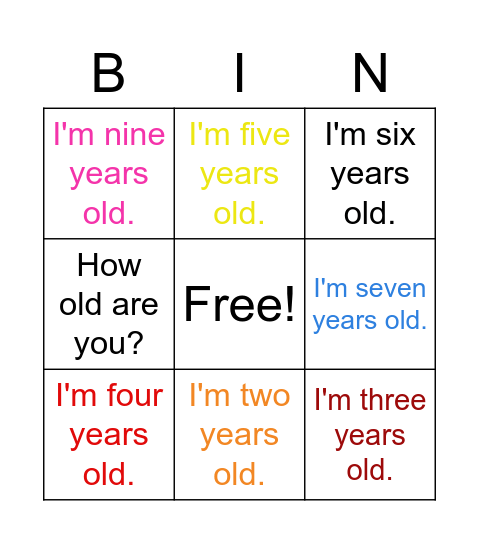 CG3L1 How old are you? 句型 Numbers 1-10(word colors) Bingo Card