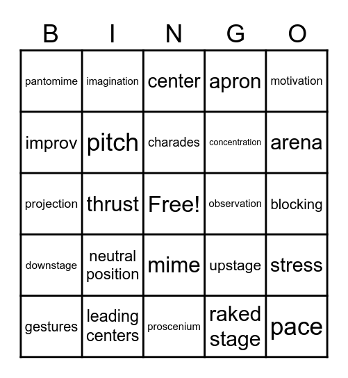 Theatre Vocabulary Bingo Card