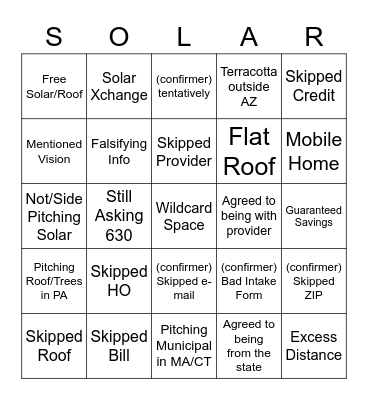 Infraction Bingo Card