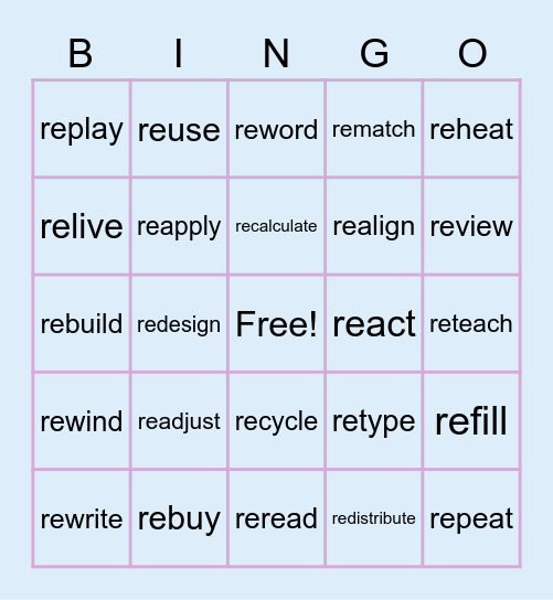 'Re' Prefix Bingo Card