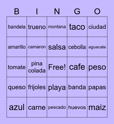 Spanish 101 Bingo Card