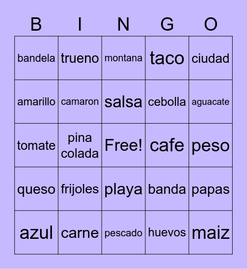 Spanish 101 Bingo Card
