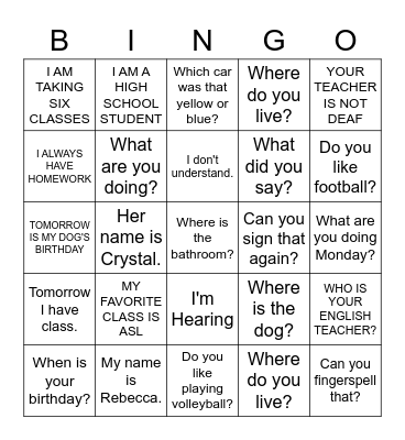 ASL SENTENCES Bingo Card