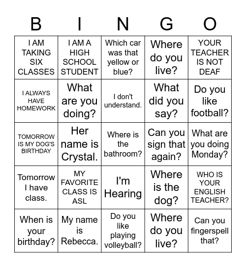 ASL SENTENCES Bingo Card