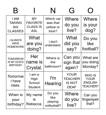 ASL SENTENCES Bingo Card