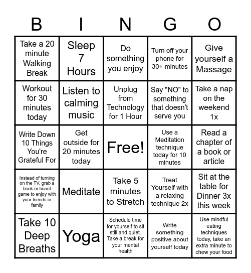 Stress Management Bingo Card