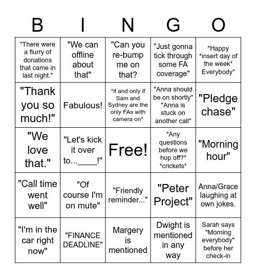 9AM CHECK IN Bingo Card