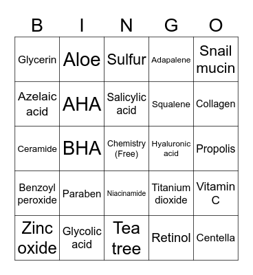 Common Ingredients in Skincare Bingo Card