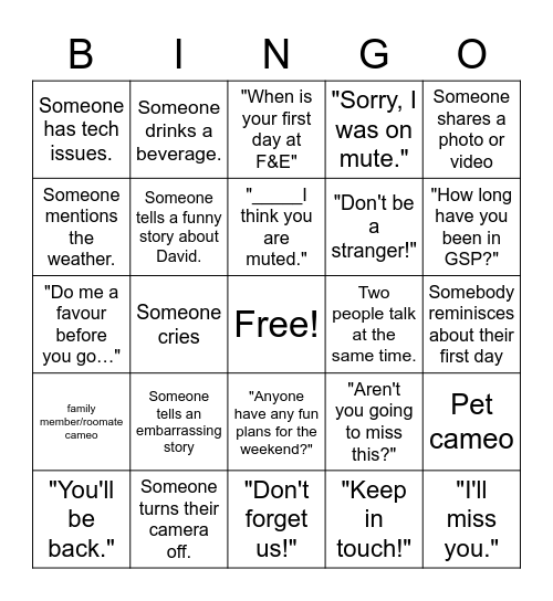 Virtual Farewell Bingo Card