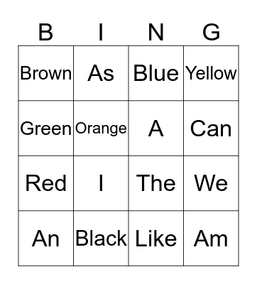 Sight Words Bingo Card