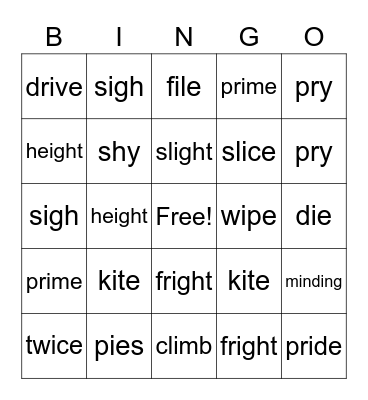 Spelling BINGO Card