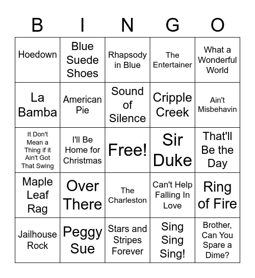 Song Bingo 1900-1950s Bingo Card