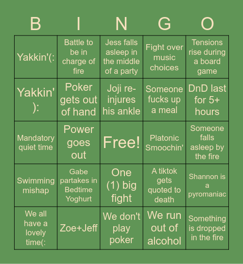 Cottage Bingo Card