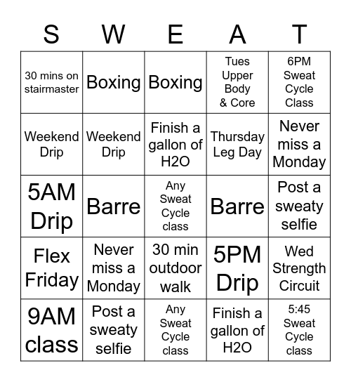 Sweat Once A Day Bingo Card