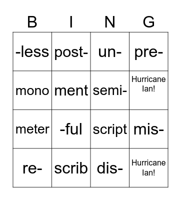 Common Prefix/ Suffix Bingo Card