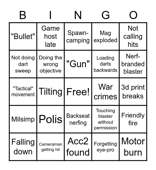 Nerf Event bingo Card
