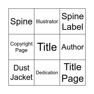 Parts of a Book Bingo Card