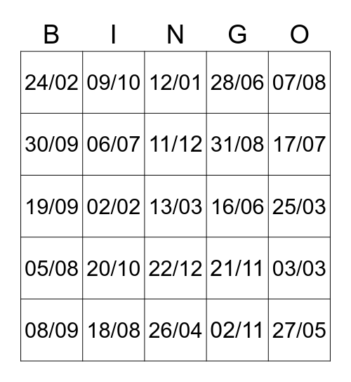 Les dates d'anniversaire Bingo Card