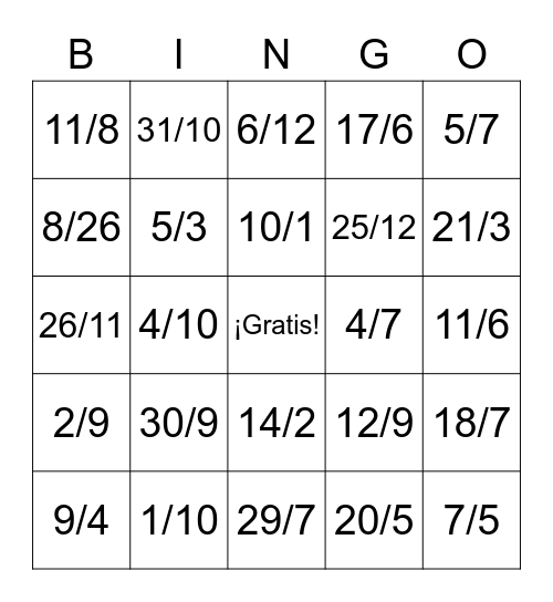Las fechas Bingo Card