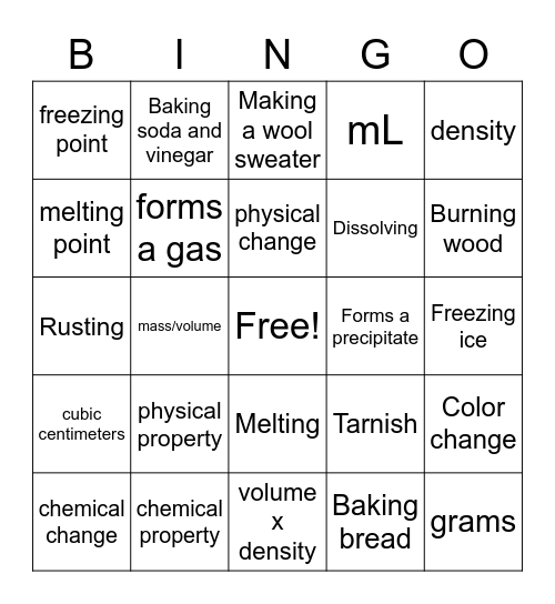 Properties & Changes Bingo Card