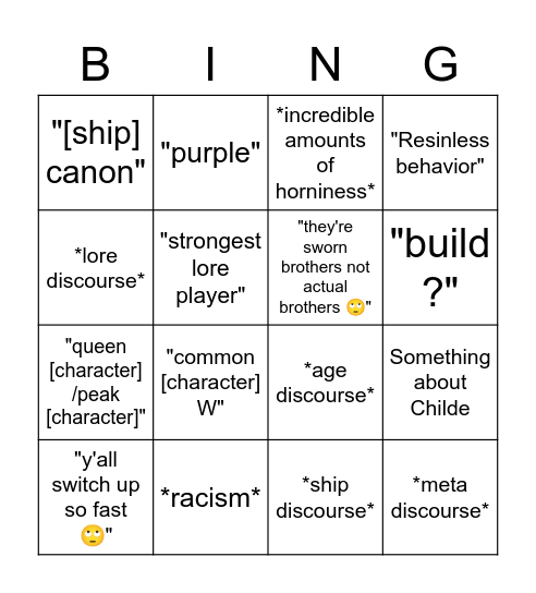 Genshin Tik Tok Comments Bingo Card