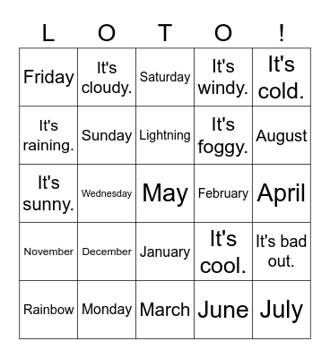 Le temps, Les mois, Les jours Bingo Card