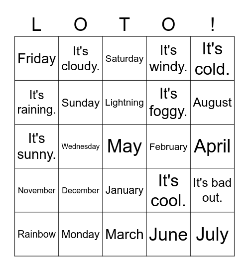 Le temps, Les mois, Les jours Bingo Card