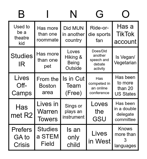 Cut Team Member Bingo Card