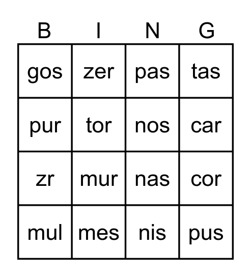 Silabas cerradas Bingo Card