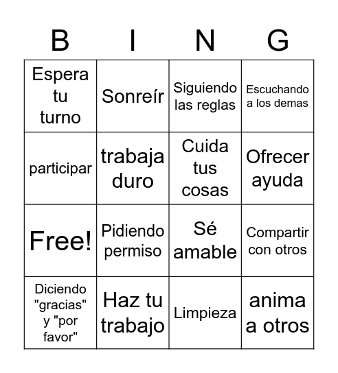 comportamientos positivos Bingo Card