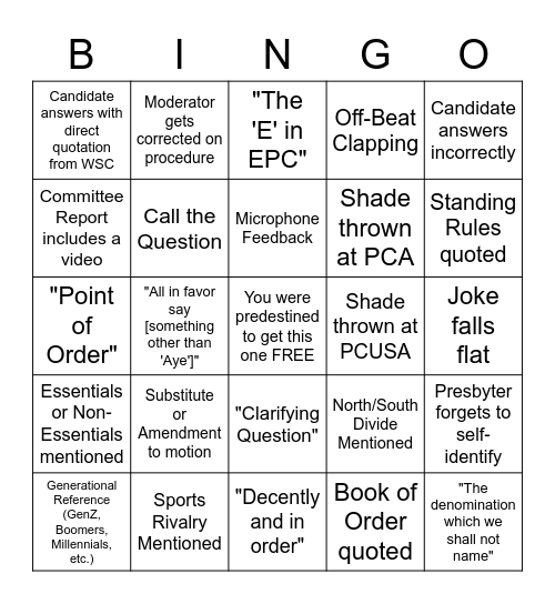 Presbytery Bingo Card