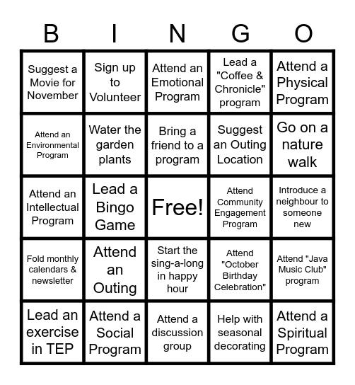 Active Aging Bingo! Complete your card in the month of October to win a prize! Return to Leigh and Marjan. Winners announced in November.Good Luck! Bingo Card