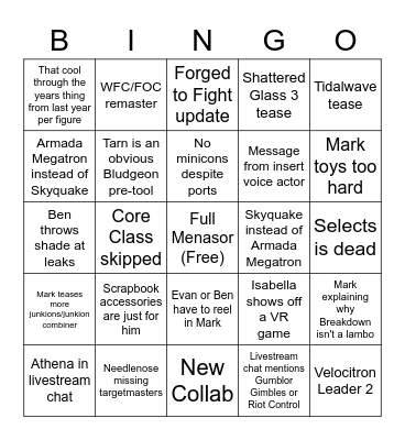 Transformers Pulsecon 2022 Bingo Card