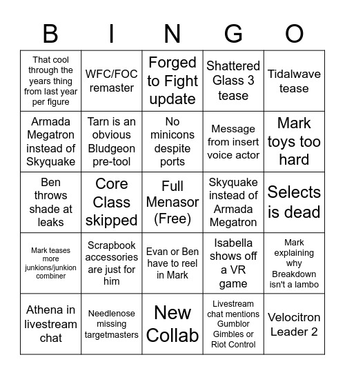 Transformers Pulsecon 2022 Bingo Card
