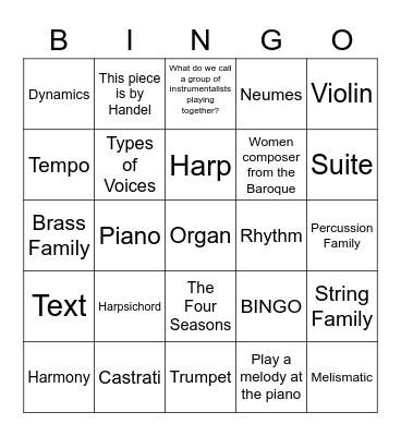 Baroque Music Bingo Card