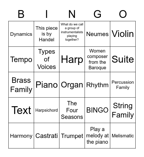 Baroque Music Bingo Card