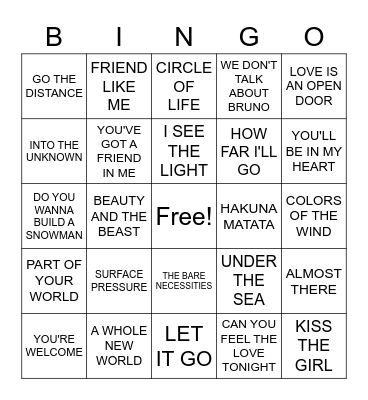 Disney Song Bingo Card