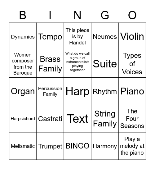 Baroque Music Bingo Card