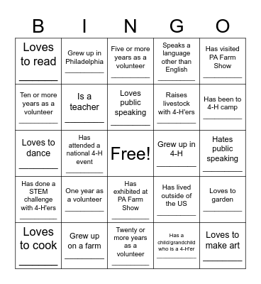 4-H Volunteer Group Bingo Card