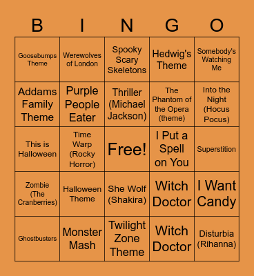 Halloween Song Bingo Card