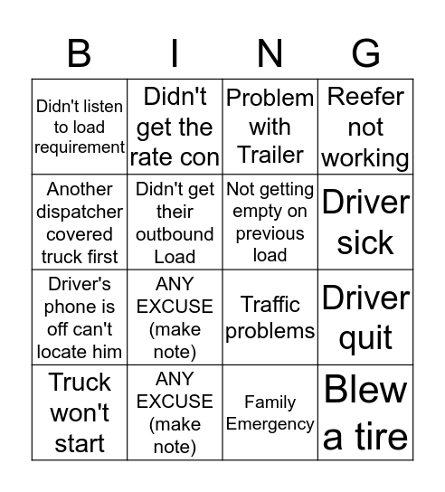 Carrier Excuse BING Bingo Card