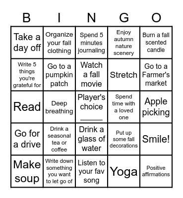 Fall Self-Care Bingo Card