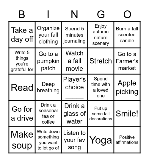 Fall Self-Care Bingo Card