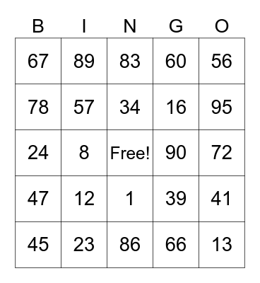 Number BINGO Card