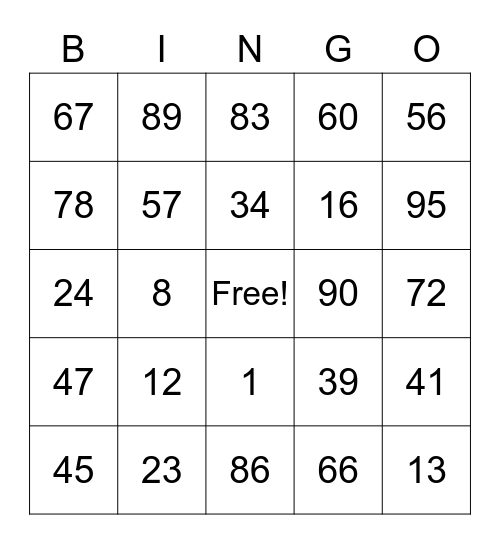 Number BINGO Card